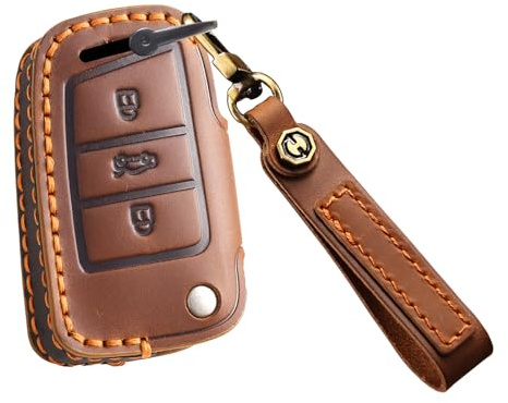 KUNIO Leder Schlüsselhülle Passt für VW Golf 7 MK7 Polo T-ROC Tiguan Passt für Skoda Superb Octavia Passt für Seat Ateca Leon Ibiza Schutz Schlüsseletui Cover Schlüsselanhänger Braun