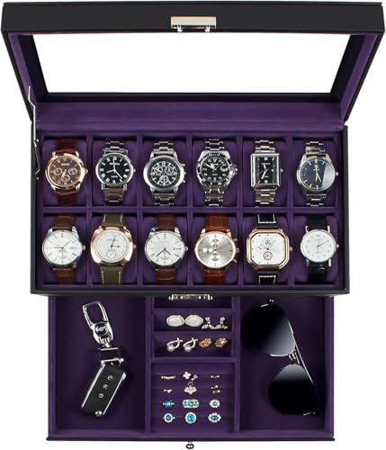 KILHS Uhrenbox für 12 Uhren,2-stöckige Watch Box mit Glasdeckel & Schublade,Uhrenbox Herren mit Schlüsselschloss – Perfektes Männergeschenk für Ringe,Manschettenknöpfe & Uhren,Schwarz & Violett