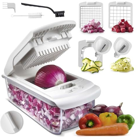 VonShef 4-in-1 Vegetable Chopper, Food Chopper Box with Medium & Fine Chopping Blades, Ribbon & Spiraliser Attachments, Non-Slip Base & Finger Guard, Perfect for Chopped Salads & Quick Meal Prep