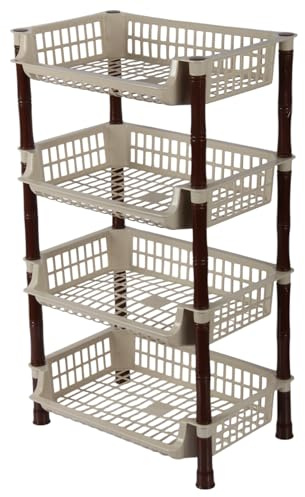 Jolie Max 4 Tier Rectangular Vegetable Rack – Free Standing Storage Organizer with Ventilated Baskets, Durable Plastic Utility Rack for Kitchen, Bathroom, and Pantry – Easy Assembly. (BEIGE)