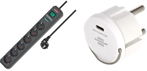 Brennenstuhl Steckdosenleiste 6-Fach mit Überspannungsschutz und 1,5m Kabel (Eco-Line Mehrfachsteckdose mit Schalter und erhöhtem Berührungsschutz) + Brennenstuhl USB C Steckdosenadapter