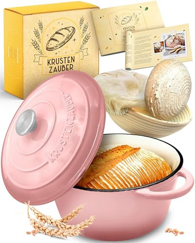 KRUSTENZAUBER Olla de hierro fundido para hornear pan esmaltado, incluye cesta de fermentación, 26 cm, olla esmaltada con accesorios, ideal como sartén para pan, pan, molde para hornear pan con tapa