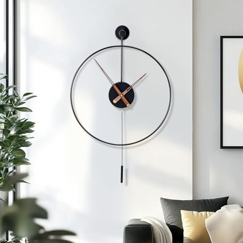 CROWNSHOP Large Wall Clock Classical Decorative 19.6in/50cm with Pendulum Modern Non-Ticking Silent Metal Wall Clocks Decorative Creative Art Clocks for Home Living Room Bedroom Study Office (Black M)
