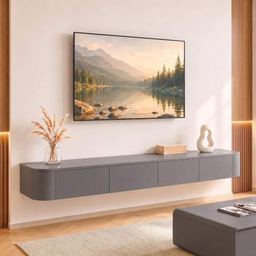 Ribanedy Modernes Schwebendes TV-Regal | Wandmontierte Unterhaltungsmedien-Konsole | Großes Aufbewahrungs-TV-Bank für Wohnzimmer & Büro (Grau, 280cm)
