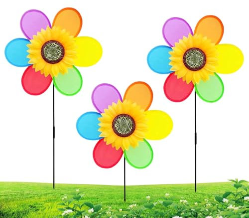 Sunflower Wind Spinner | 3-Piece Metal Garden Windmill Set – Rustproof Yard Art | Decorative Outdoor Wind Spinners | Durable Lawn Ornaments | Vibrant Garden Decor for Patio and Balcony