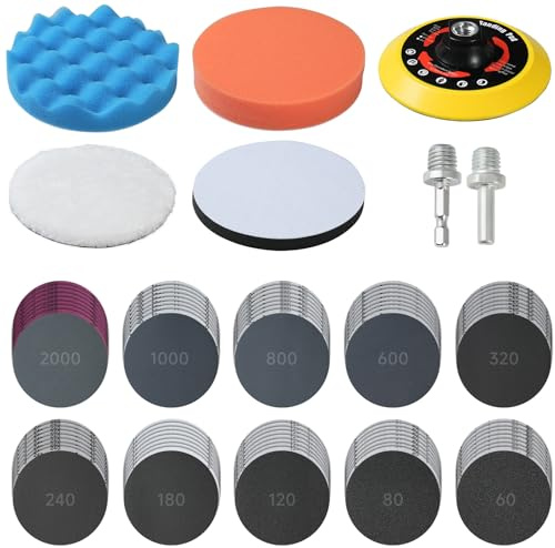 Seconero 87 Pcs 125mm Angle Grinder Sanding Discs with Drill Attachment | Hook and Loop Sanding Discs for Drill 60/80/120/180/240/320/600/800/1000/2000 Grit, Sander for Drill Sanding Attachment
