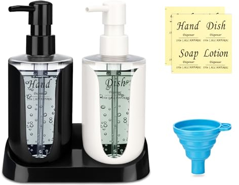 ​​BBWELL 2er Set seifenspender küche set,Spülmittelspender Seifenspender,Schwarz & weiß Soap Dispenser mit Pumpspender,inkl.Tablett und Trichter,Seifenspender Glas für Spülmittel & Handseife (450ml)​​