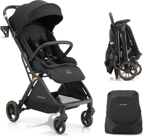 Gromast Gravity faltbarer Baby-Kinderwagen, Tragbarer Reise-Kleinkindbuggy Mit Verstellbarer Rückenlehne & Sonnendach, Leichtgewichtig Und Uv-Geschützt, Einhändig Automatisch Zusammenklappbar, Schwarz