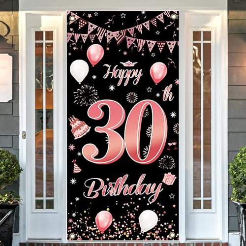 30. Geburtstag Banner, Schwarz Rosa 30 Jahr Geburtstag Deko Tür Hintergrund Birhday Banner für Junge Mädchen Geburtstag Poster Türbanner Wand Dekoration 185 x 90cm