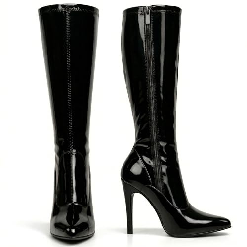Women’s Knee High Stretch Stiletto Heel Boots Elegant Pointed Toe, Side Zip Sexy Bold Fashion Style Club & Party Wear (Black Patent, 12, UK Footwear Size System, Adult, Women, Numeric, Medium, 12)