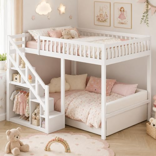 LieABak Loftsäng 90x200 cm Vit Barnsäng med Trappa och Förvaring, Högsäng med Skyddsräcke, Ribbotten och Star Fence Design, Platsbesparande Sängram för Barnrum, Ungdomsrum och Små Sovrum