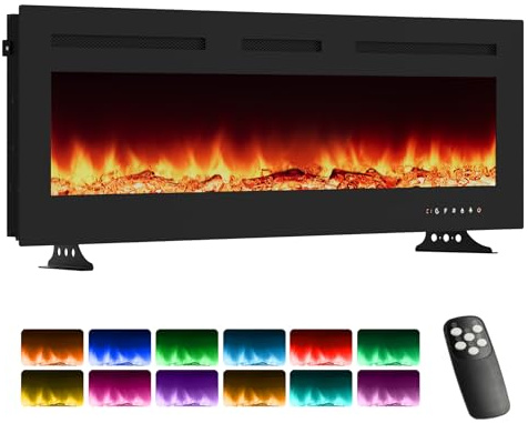 Electric Fireplace, Aptliton 50 Inch Wall Mounted Electric Fire with Remote Control, 12 Flame Colors and 2 Heat Settings 900/1800W, Adjustable Flame Brightness with Touch Screen Control