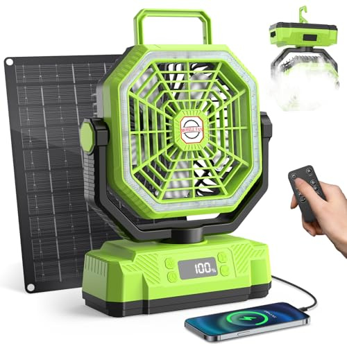 Ventilador Camping con Panel solar de 10 W, Pantalla Digital,Batería de 20000 mAh,Oscilación 270°,Control Remoto,Temporizador, luz LED,Gancho,Ventilador USB Portatil para Exterior y Hogar (Verde)