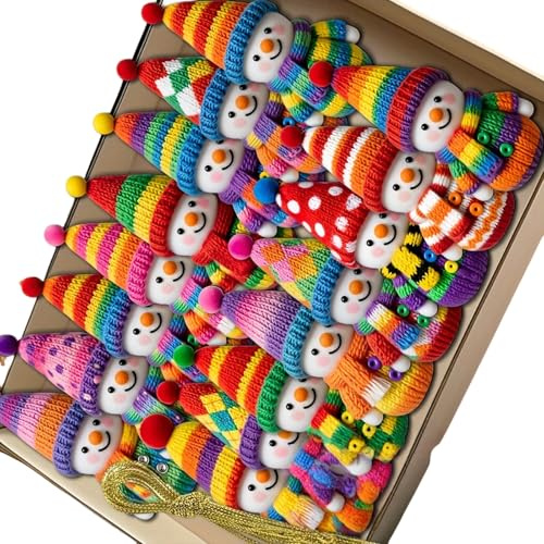 Snorvixre 16/32 Stück Holz Schneemann Figur zum Aufhängen, Mehrfarbig, gestrickter Schneemann, Weihnachtsbaum Dekoration für Kaminsims, Tür, Feiertags Hängedekoration