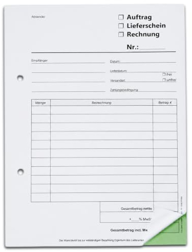 4x Kombiformular Auftrag Lieferschein Rechnung DIN A5 2-fach 2x50 Blatt | 3 Formulare in einem: Auftrag, Lieferschein & Rechnung – 50 Sätze mit grüner Kopie