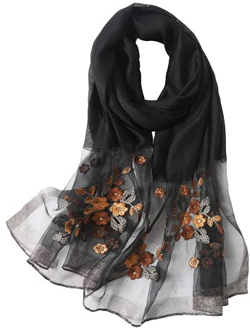 WINCESS.YU silkesscarf för kvinnor, lätta sjalar och scarfs för bröllop, mode, pashminasjal, broderade scarfs, Svart, one size