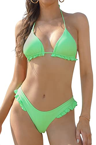 SHEKINI Costume da Bagno Donna Due Pezzi Triangolo Ties-Up Halter Bikini Top Costumi Donna Due Pezzi A Balze Perizoma Brasiliano Bikini Fondo da Spiaggia(M,Verde Fluo)