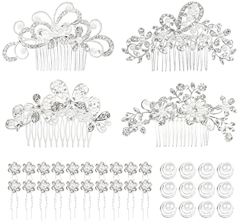 Cinaci 36 Pack Sparkly Silver Rhinestone Pearl Bridal Hair Side Combs Slides+U-shaped & Twist Hair Pins Clips Barrettes Wedding Headpieces Accessories for Women Girls Brides Bridesmaids