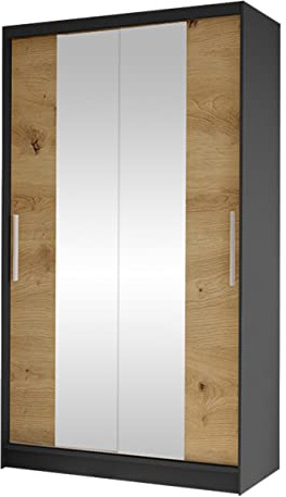 Mirjan24 Kleiderschrank Margite II mit 2 Spiegel, Kleiderstange und 5 Fächer, Schlafzimmerschrank, Flurschrank, Garderobenschrank, Dielenschrank, Schwebetürenschrank (schwarz/Artisan Eiche)