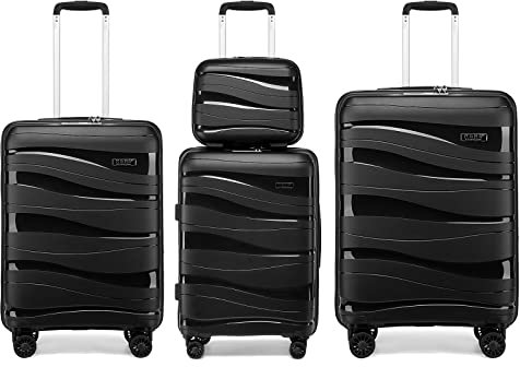 KONO Gepäckset 4-teilig Handgepäck, Mittelgroß und Großkoffer mit Kosmetiktasche aus Polypropylen Hartschale, Koffer mit 4 Rollen und TSA Schloss (Schwarz)