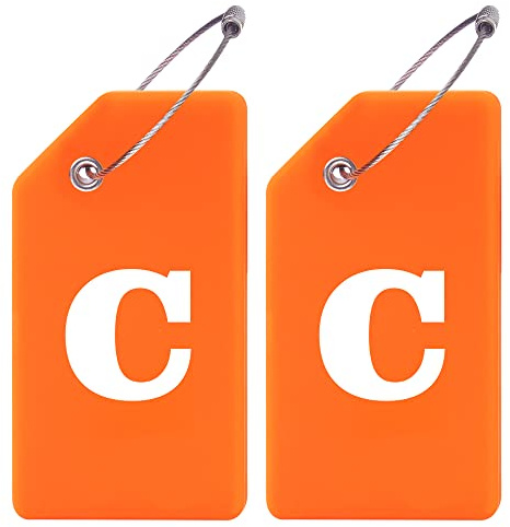 Gostwo 2 Pack Silicone Luggage Tags for Suitcases, 26 Initial Letter Baggage Labels Handbag School Bag Suitcase Instrument Tag with Stainless Steel Loop(Orange)(Letter C)