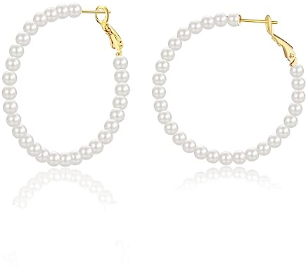 Perlenohrringe Creolen Silber 925 | 18k Vergoldet Perlen Ohrringe für Damen Frauen Mädchen (20mm/30mm/40mm/50mm)