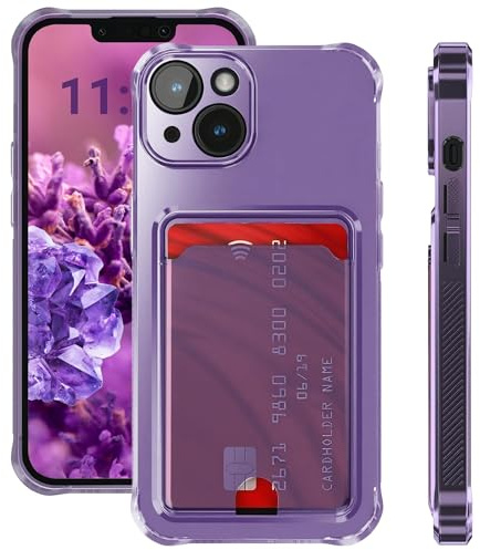 ELEVAVIDA Coque pour iPhone 14 violet transparent avec porte-cartes et protection de caméra - coins antichoc, étui de protection pour Apple iPhone 14 Étui mince