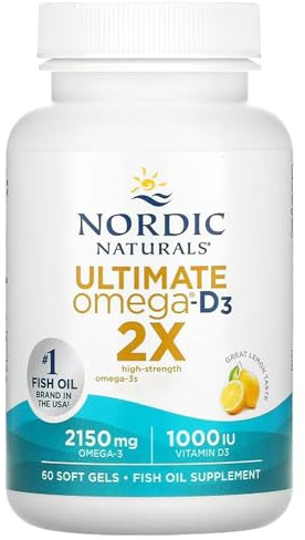 Nordic Naturals Ultimate Omega 3 2X, 2150mg Omega-3 Capsules High Strength Fish Oil Supplements with EPA and DHA and Vitamin D3, 60 Softgels, Lemon Flavour, Soy Free, Gluten Free