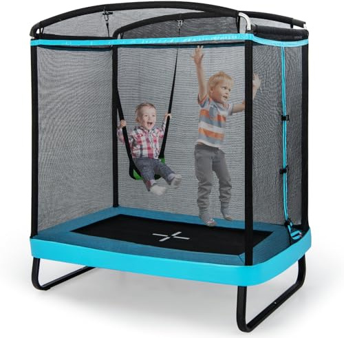 COSTWAY Tappeto Elastico per Bambini da Esterno ed Interno, Trampolino Rettangolare 190CM con Altalena e Rete di Sicurezza per Bambini più di 3 Anni, Portata 100kg (Azzurro)