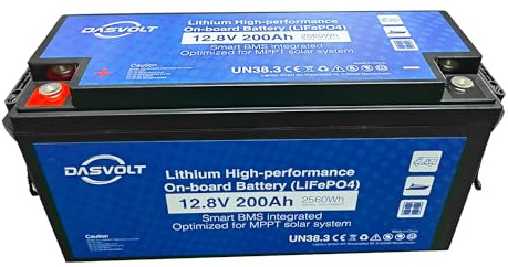 DASVOLT®, 12V 200Ah LiFePO4-Batterie mit BMS 2560Wh Deep Cycle Lithium Iron Phosphate Batterie für Wohnmobile, Home-Backup, Solarpanelsystem, Off-Grid, Marine IP65