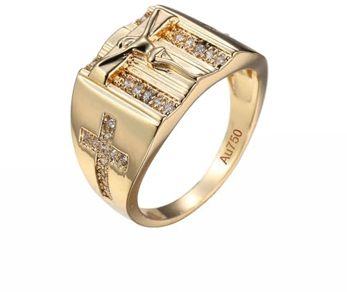 Epinki Gelbgold Au750 18K Antragsring, Jesus Kreuz Bandringe Verlobungsring mit Labor Erstellt Diamant, Partnerringe Bandringe Echter Schmuck, Gr.47-69