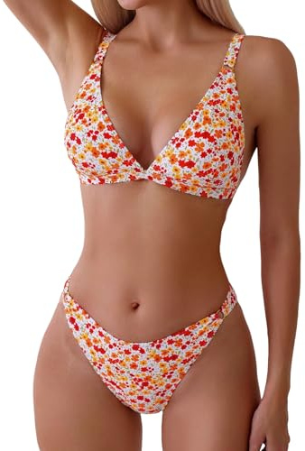 ZAFUL Women's 2 Piece Floral Print Swimsuit Triangle String High Cut Bikini Sets Bathing Suit (1-Orange Multicolor,M)