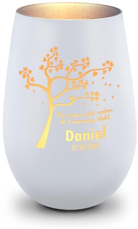 GRAVURZEILE Deko Windlicht aus Glas mit Gravur - Das Leben geht weiter, dier Erinnerung bleibt - Personalisiert - Trauerlicht für Teelichter und Kerzen - Grabschmuck zur Beerdigung - Weiß/Silber
