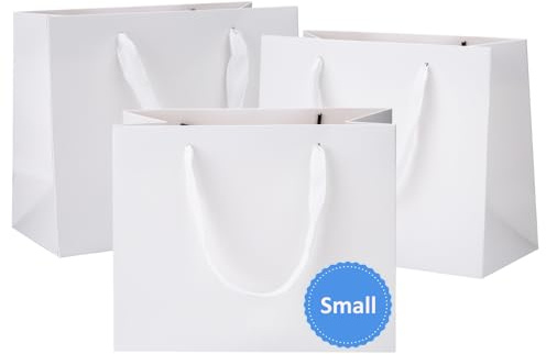 Ronvir 25Pcs Small Gift Bags,22x10x18cm Recyclable Gift Paper Bag With Handles for Valentine,Party, Birthday, Wedding, Goodie, Shopping, Graduation, Christmas,White