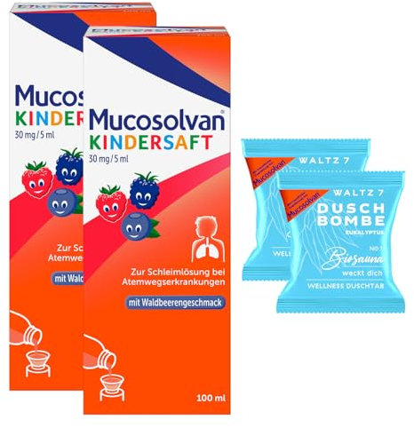 MUCOSOLVAN® Kindersaft 30 mg/5 ml, 2 x 100 ml, Hustenlöser mit Ambroxol, mit 2 Duschbomben