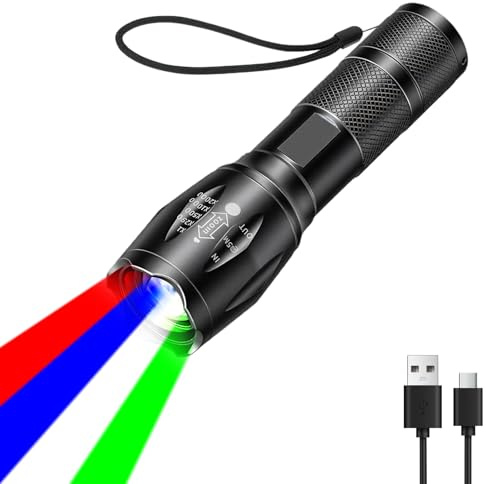LIAISIMI 4 i 1 LED-ficklampa med röd, grön, blå, vitt ljus, uppladdningsbar multifunktionell ficklampa med justerbart fokus vattentät ficklampa (röd + blå + grön + vit)