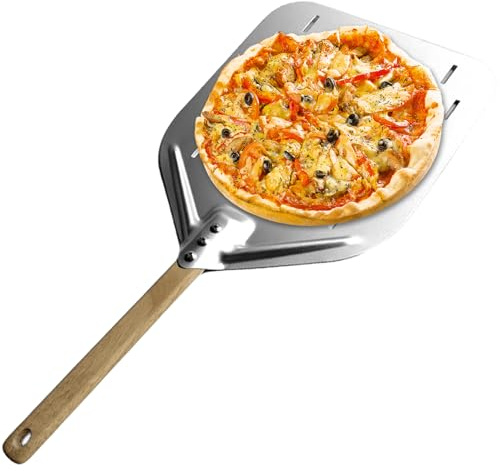 GAOUTO Pala para pizza, 40 x 30 cm, deslizador de pizza con mango extraíble antiquemaduras, aluminio anodizado duro de 12 pulgadas, pala perforada para pizza casera, pan, pastel (plata)