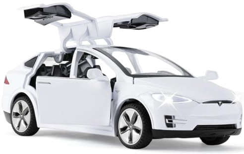 MODVKVK Tesla Model X 1:32 modellbil, leksaksbil med ljus och musik, retdragfunktion, legeringsformgjutning, perfekt för barn från 3 år och samlare (vit)