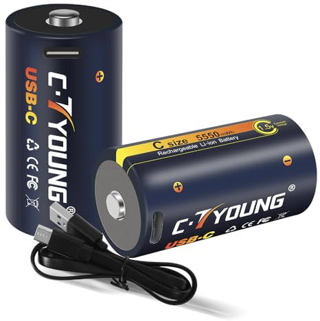 Rechargeable C Battery 1.5V lithium C size USB Type-C high capacity 5500 mWh in 1500 charging cycles 2 packs