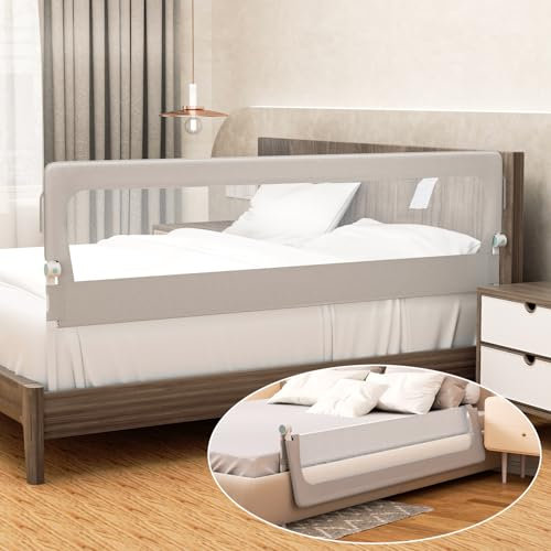 Eulenke 200 cm Bettgitter Rausfallschutz Klappbar, 72-86 cm höhenverstellbar Rausfallschutz Kinderbett, zusammenklappbar um 180 Grad, inkl. extra Gurt zur Befestigung, Grau