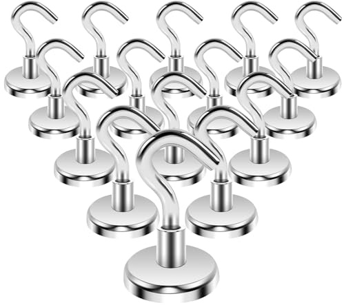 Anelueeoo 14 Stück Magnethaken Extra Stark 25mm Magnethaken Klein Magnet Haken Neodym Magnete mit Haken Haken Magnetische für Küchen Camping Grill Büro Outdoor und Kreuzfahrt Zubehör Silber