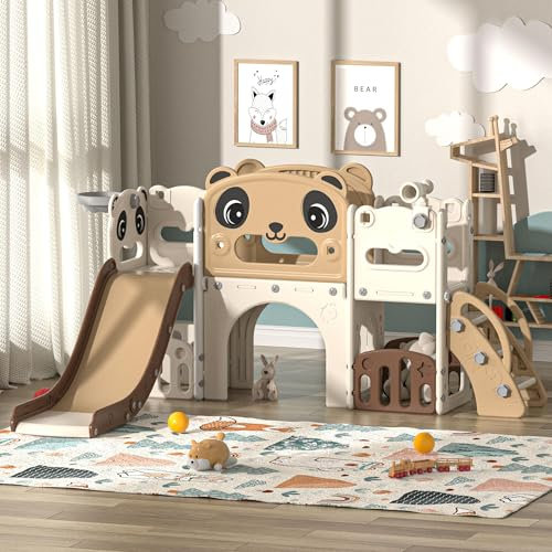 9-in-1 Toddler Slide with Climbing Ladder,Tunnel and Basketball Hoop, Indoor Outdoor Garden Slide Set for Kids, Children's Play Equipment,Gifts for Kids Girls Boys Teen Ages 1-6 (Panda)