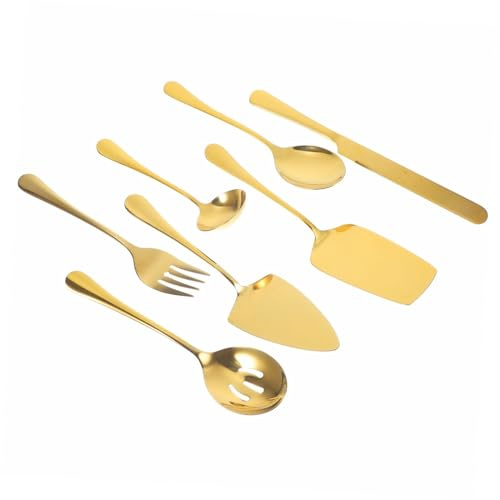 Alipis Ensemble De Couverts De Service Inoxydable 7 Pièces, Coupe-gâteau 30 Cm Doré Pelle, Fourchettes Et Cuillères, Ustensiles Pour Buffet, Fêtes Et Desserts