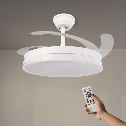 LEDUNI Ventilador con Luz 68W Ventilador Invisible Ultra Silencioso con Mando a Distancia y Palas Retráctiles Decoración Luz Fría/Neutra/Cálida Interiores Plafón lluminación (Blanco Liso)