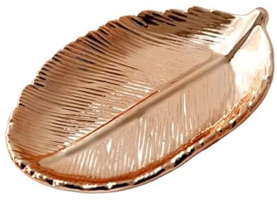 Plateau à Bijoux Assiette de feuilles en céramique, feuille d'arbre, bijoux, collations, Dessert, plateau de rangement en argent, plat à bibelots en céramique émail Pour Le Rangement Des Bijoux(Rose G
