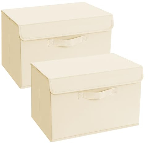 DIMJ Aufbewahrungsboxen mit Deckel, Faltbare Aufbewahrungskiste mit Griff, Aufbewahrungskorb Stoff, Ordnungsboxen Kleiderschrank Organizer, Faltbox für Kleidung, 2 Stück, Lichtbeige
