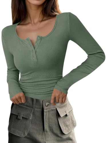 Cicy Bell Damen V Ausschnitt Langarm Oberteile T-Shirts Knopf Gerippte Strick Langarmshirt Slim Fit Basic Henley Tunika Shirts Herbst Winter Oberteile,Armeegrün,L