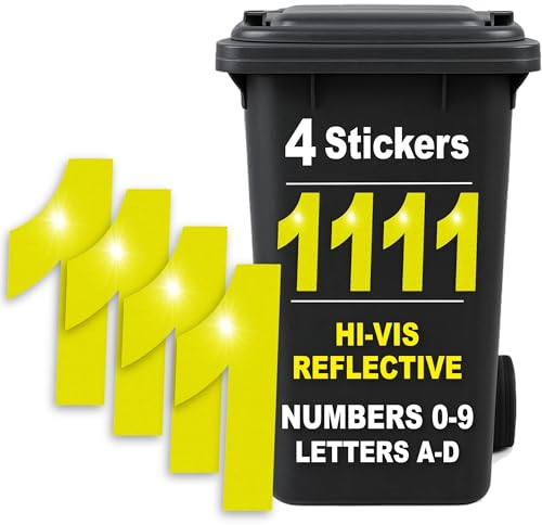 Rubigo 4PK Hi Vis Bin Numbers for Wheelie Bins – 0-9, Letters A-D, 17cm Reflective Dustbin Stickers – Easy Application Neon Yellow Stick On Number Stickers - Weatherproof Self Adhesive Vinyl (1)