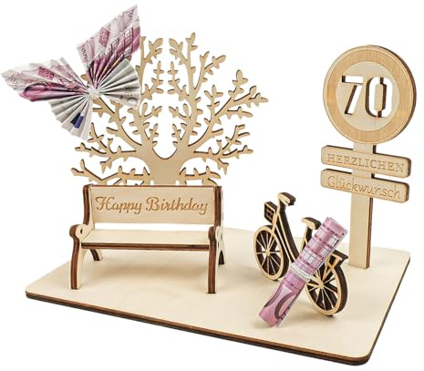 OIOYCLG Geldgeschenke Geburtstag aus Holz,Deko 70 Geburtstag mit DIY Dreidimensionale Bäume Sitzbank Deko Zahlen für Geschenke für Hochzeiten, Partys, Geburtstage,Jubiläum