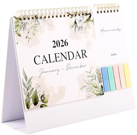 Fiohiros 2026 Floral Desk Calendar – Double-Sided 250g Paper, Vibrant & Elegant, Monthly Date Organizer with Space for Notes, 20 Blank Sticky Notes & 5 Colored Markers (Grass)